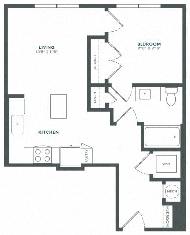 Floor plan for 1 bed, 1 bath, 595 sqft